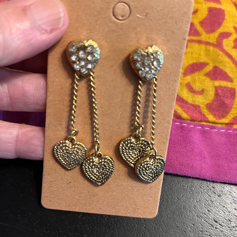 Vintage Gold Heart Drop Earrings dangle gold tone rhinestone